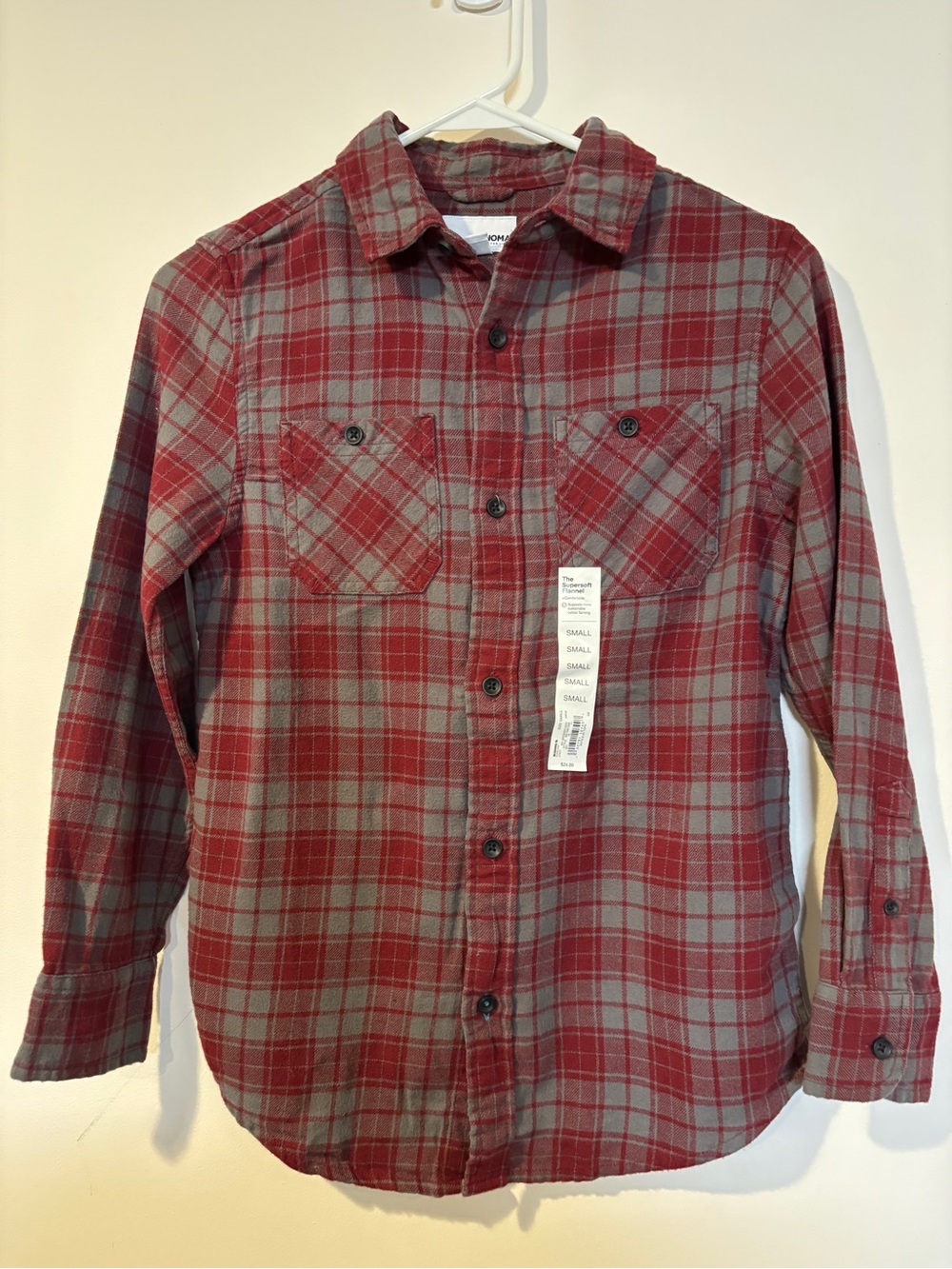 NWT Boys Red Gray Plaid Flannel Button Shirt Size Small 8